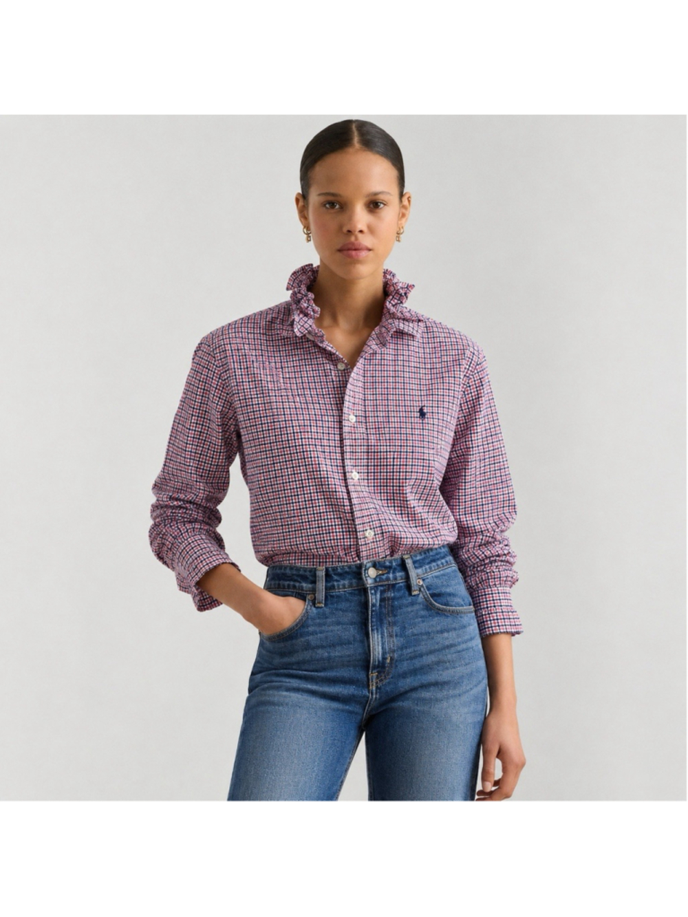 Ralph Lauren Polo Preppy Ruffle Collar 100% Cotton Button Down Shirt Blouse M